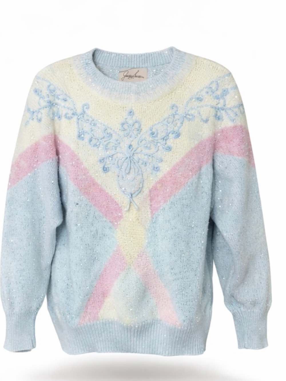 Vintage 80s Pastel Embroidered Crewneck Sweater Light Blue/Pink/Cream